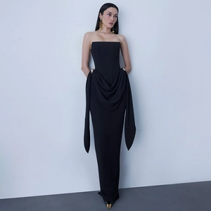 Robe de Soirée Rétro Française de Luxe Bustier Dos Nu Coupe Slim Robe Maxi Moulante Sexy Pour Femmes Avec Rubans Décor Métal