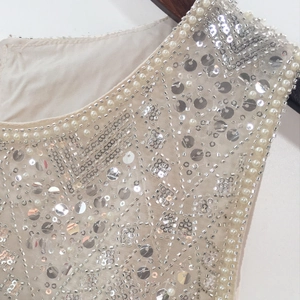 Chic champagne sequin vest with hand-sewn silver beads and faux pearls for women