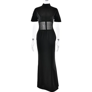 Elegant black maxi dress with mesh waist splice and high neck for stylish women