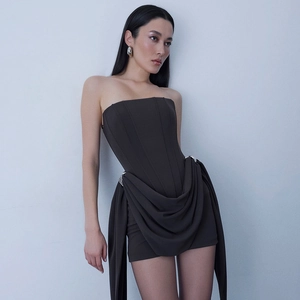 Elegant french vintage dark coffee strapless corset dress with silver ring draping