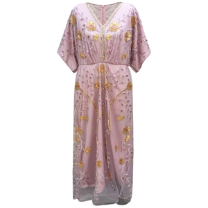 Elegant mauve V-neck kaftan maxi dress with golden sequins and floral embroidery