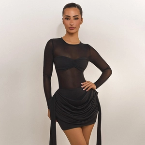 Sexy Damen Gerafft Netzgewebe Patchwork Langarm Top Und Bodycon Minirock Rundhalsausschnitt Durchsichtig Club Party Bänder Kleid