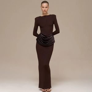 Women Sexy Ruched Long Sleeve Maxi Dress Padded Shoulder Satin Detail Bodycon Elegant Evening Party Gown High Slit