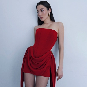 Elegant French vintage red corset-style mini dress with gold ring and draped pleats