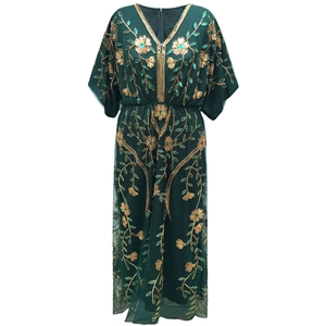 Women Elegant V Neck Sequin Embroidered Evening Dress Retro Luxurious Mesh Long Kaftan Style Banquet Party Gown Dress