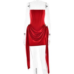 Elegant red off-shoulder mini dress with corset structure and decorative side streamers