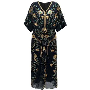 Elegant V-neck evening gown with gold and blue floral sequins on black mesh fabric