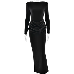 Elegant black long-sleeved bodycon maxi dress with padded shoulders and draped waist pleats
