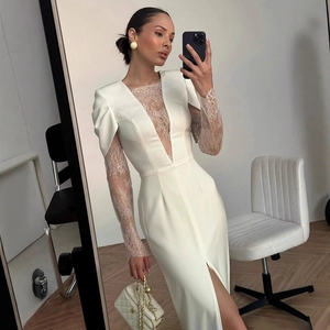 Women Sexy Deep V Neck Lace Patchwork Maxi Dress Elegant Long Sleeve High Split Slim Fit Evening Party Gown