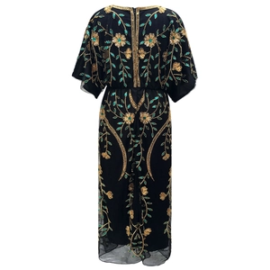 Elegant black evening gown with luxury gold and green floral sequins and kimono sleeves
