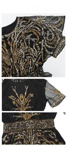 Détails de la robe de soirée avec sequins dorés et manches à volants en tulle