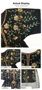 Detail view of gold floral sequins on mesh fabric with waist elastic and back zipper