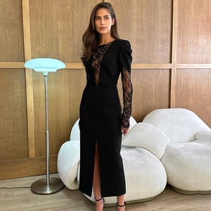 Elegant black V-neck lace patchwork maxi dress with high slit for formal evening parties