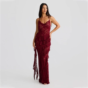 Women Sexy Halter Neck Lace Maxi Dress Backless Irregular Ruffle Hem Long Gown Evening Party Wedding Formal Dress