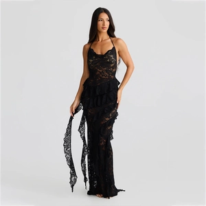 Elegant black lace halter maxi dress with ruffled layers and a backless fishtail silhouette