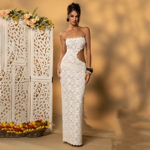 Dames Sexy Kant Tube Top Maxi Jurk Elegant Opengewerkt Bodycon Lange Jurk Effen Kleur Mouwloos Feest Avond Clubwear