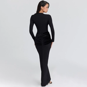 Elegant black long sleeve slim fit maxi dress with textured waist panels for women