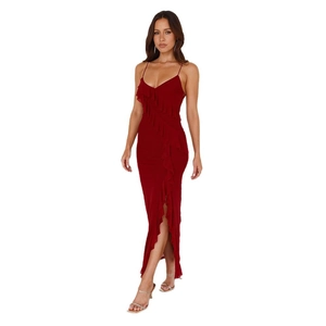 Robe rouge foncé sexy à fines bretelles, dos nu, volants et fente latérale
