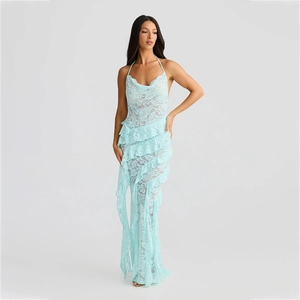 Elegant light blue lace halter maxi dress with ruffle detailing and asymmetrical hem