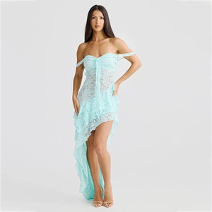 Detailed view of high-low lace dress hem with intricate floral ruffles in mint blue