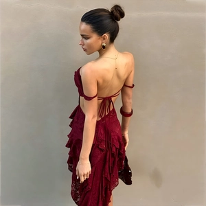 Elegant backless burgundy lace tube dress with ruffled layers and delicate crisscross straps