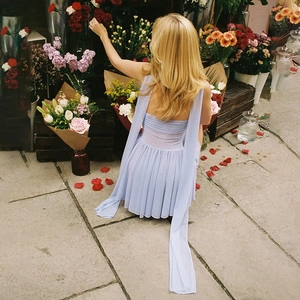 Light blue backless mesh mini dress with long flowing ribbons in a floral setting
