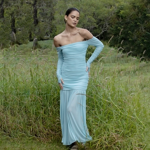 Robe Longue Sexy à Épaules Dénudées en Maille Dos Nu Coupe Ajustée Manches Longues Moulante Soirée Club Femmes