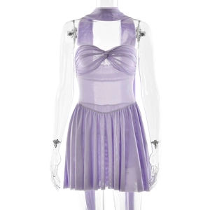 Lavender mesh halter dress with ruched design and waist tie on a clean white background
