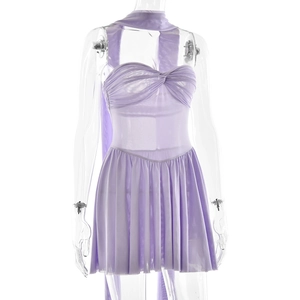 Detailed view of lavender mesh dress featuring halter neckline and pleated skirt design