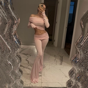 Ensemble Deux Pièces Femme Sexy Épaules Dénudées Haut Manches Longues et Pantalon Évasé Froncé Couleur Unie