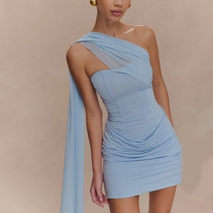 Women Sexy One Shoulder Ruched Bodycon Mini Dress With Mesh Streamer Elegant Party Nightclub Sleeveless Slim Fit Polyester Dress