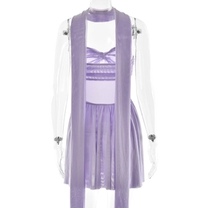 Detail view of lavender mesh backless mini dress with matching sheer scarf
