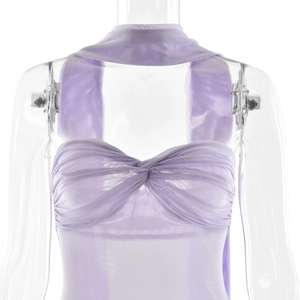 Detail of light purple mesh mini dress with twisted sweetheart neckline and matching neck wrap