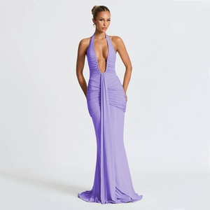 Detailed view of the ruching texture and purple fabric on this deep V halter dress