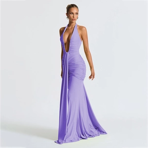 Lavender deep V-neck halter maxi dress with backless design and pleated details