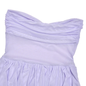 Close-up of light purple mesh dress featuring elegant horizontal ruching on the chest