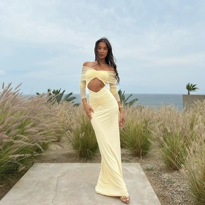 Robe Maxi Femme Sexy Épaules Dénudées Ajourée Plissée Maille Manches Longues Bodycon Robe Longue Soirée Clubwear Couleur Unie