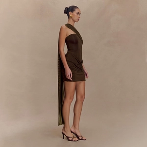 Chic olive one-shoulder mini dress with long flowing sash and pleated body details