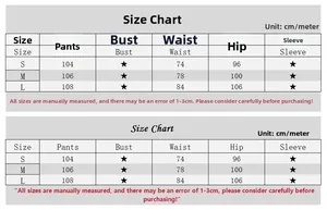 Tableau détaillé des tailles pour pantalons fleuris pour femmes, mesures S, M, L incluses
