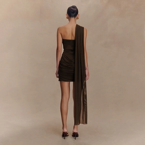 Deep chocolate brown bodycon mini dress with elegant side sash and ruched mesh texture