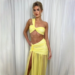 Two-piece bright yellow off-shoulder pleated top and high-slit long skirt set for summer