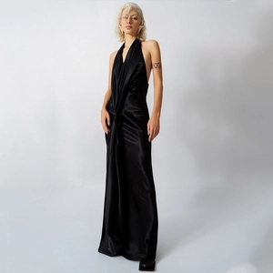 Elegant black backless halter neck satin maxi dress with a drape front design