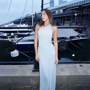 Women Sexy One Shoulder Backless Maxi Dress Ruched Side Detail Metal Ring Slim Fit Milk Silk Solid Color Party Long Dress