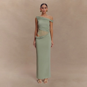 Women Sexy One Shoulder Ruched Maxi Dress Mesh Hollow Out Slim Fit Summer Sleeveless Party Club Evening Long Dress
