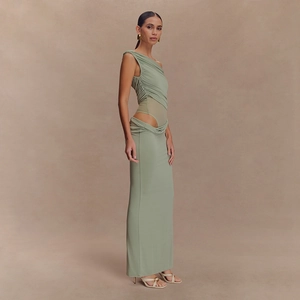 Sage green one shoulder ruched cut-out maxi dress with a slim fit and elegant silhouette