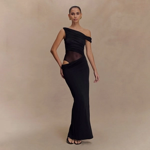 Elegant black one-shoulder maxi dress with sheer mesh waist and ruched detailing