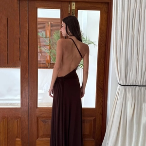 Elegant dark brown one-shoulder backless maxi dress with pleats for formal evening wear