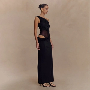 Sleek black one-shoulder maxi dress with ruched mesh patchwork and side cut-outs