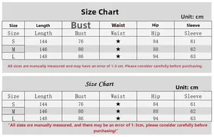 Size chart for deep V neck long dress with bust, hip, and length measurements in cm