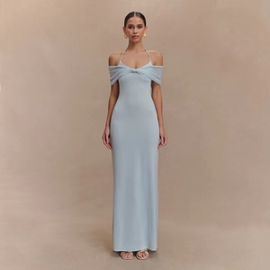 Women Sexy Mesh Off-Shoulder Halter Maxi Dress Patchwork Sleeveless Backless Summer Bodycon Party Nightclub Long Dress
